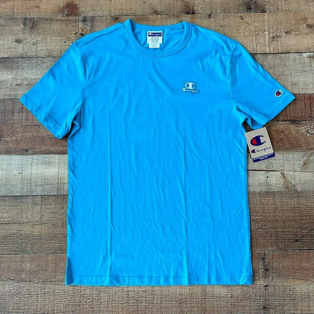 Champion teal blue men's short sleeve embroidered chest and arm logo t-shirt -M